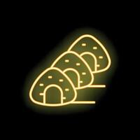 Neon sign showing three onigiri glowing on black background vector
