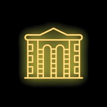 Neon yellow building facade with columns and pediment on black background vector