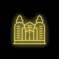 Glowing neon icon of majestic building with three towers on black background vector