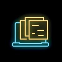 Neon laptop showing multiple documents icon glowing on dark background vector