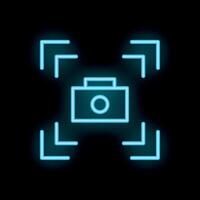 Neon camera icon focusing on target symbolising photography vector