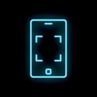 Neon smartphone showing focusing screen on black background vector
