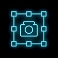 Neon camera icon surrounded by glowing frame on black background vector