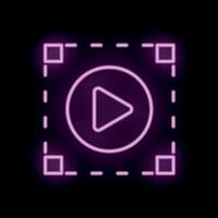 Neon play button symbol flashing inside a square frame vector