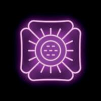 Purple neon flower with round center and square petals glowing on black background vector