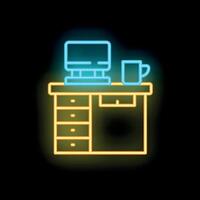 Neon office desk with computer and coffee mug on black background vector
