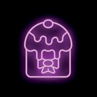 Neon easter cake sign with purple icing and bow on black background vector