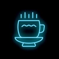 Blue neon sign of steaming coffee cup on saucer on black background vector