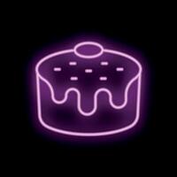 Purple neon sign of a cake with icing dripping on black background vector