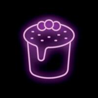 Bright purple neon sign showing a cake with icing and sprinkles on black background vector
