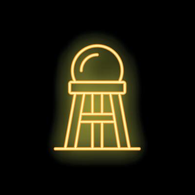 Neon yellow water tower shining on dark background