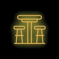 Golden neon sign of bar table and stools on black background vector