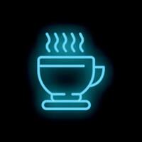 Neon sign showing steaming cup of coffee or tea on black background vector