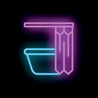 Minimalist neon icon of a bath tub and shower curtain glowing on a dark wall vector