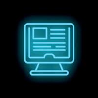 Neon blue desktop computer icon displaying information on black background vector