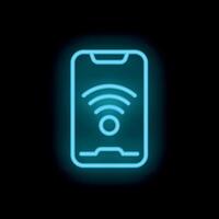 Neon blue smartphone showing wifi signal icon on black background vector