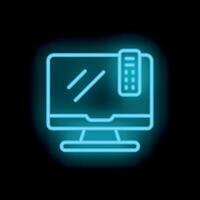 Neon tv set with remote control on black background vector
