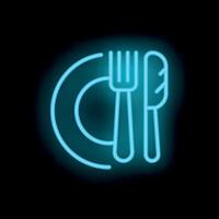 Blue neon sign of fork and knife resting on plate vector