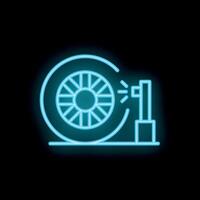 Neon icon of tire inflation with air compressor showing pressure gauge vector