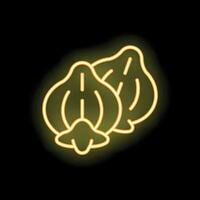 Neon icon of two garlic bulbs glowing yellow on black background vector