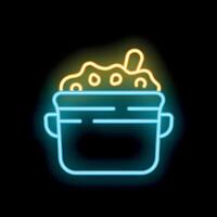 Neon cooking pot simmering with delicious food icon vector