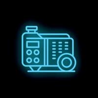 Blue neon icon of a portable generator on wheels glowing on black background vector