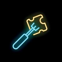 Neon fork piercing cheese slice on black background vector