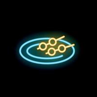 Neon sign showing skewers on a plate over black background vector