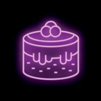 Neon sign showing delicious cake with icing and berries vector