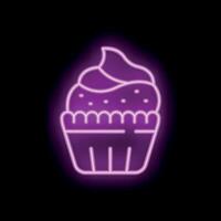 Purple neon sign showing a cupcake with icing and sprinkles on a black background vector