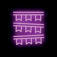 Purple neon sign with rows of hanging bunting flags on black background vector