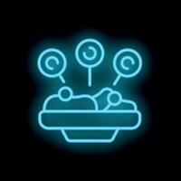 Neon sign showing bowl with snacks and lollipops representing candy bar vector
