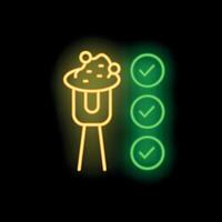 Neon style icon showing smart farm sensor analyzing soil and checkmarks on black background vector