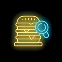 Neon icon of magnifying glass examining a hamburger representing food analysis concept vector