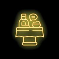 Neon sign of chef standing at table with food and speech bubble vector