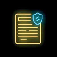 Neon icon of document being protected by a shield vector