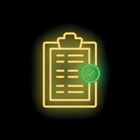 Neon icon of clipboard with checklist and green check mark showing completion vector
