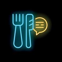 Neon food review icon with fork and knife and speech bubble vector