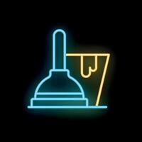 Neon plunger and bucket shining in the dark, plumbing service concept vector