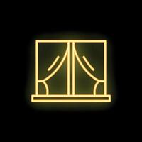 Neon icon of window with curtains shining brightly on black background vector