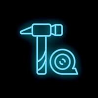 Blue neon sign showing hammer and tape measure for workshop vector