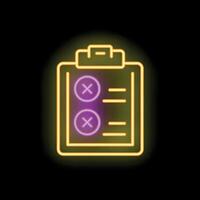 Neon clipboard showing two check marks on black background vector
