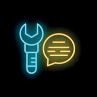 Neon wrench icon glowing next to chat bubble on dark background vector