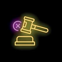 Neon gavel striking down a cross mark symbol on black background vector