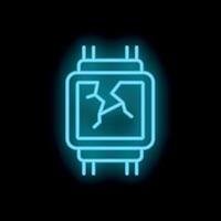Neon icon of damaged microchip cpu showing broken hardware vector