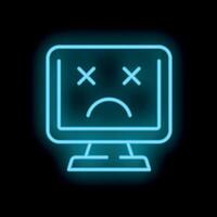 Neon blue icon of broken computer showing sad face vector