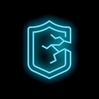 Broken shield cyber security threat neon sign icon vector