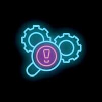 Magnifying glass detecting problem in neon style with gears vector
