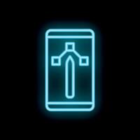 Neon sign of mobile phone with stylus pen and user interface elements on black background vector