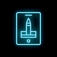 Neon sign showing smartphone displaying rocket taking off from launchpad vector